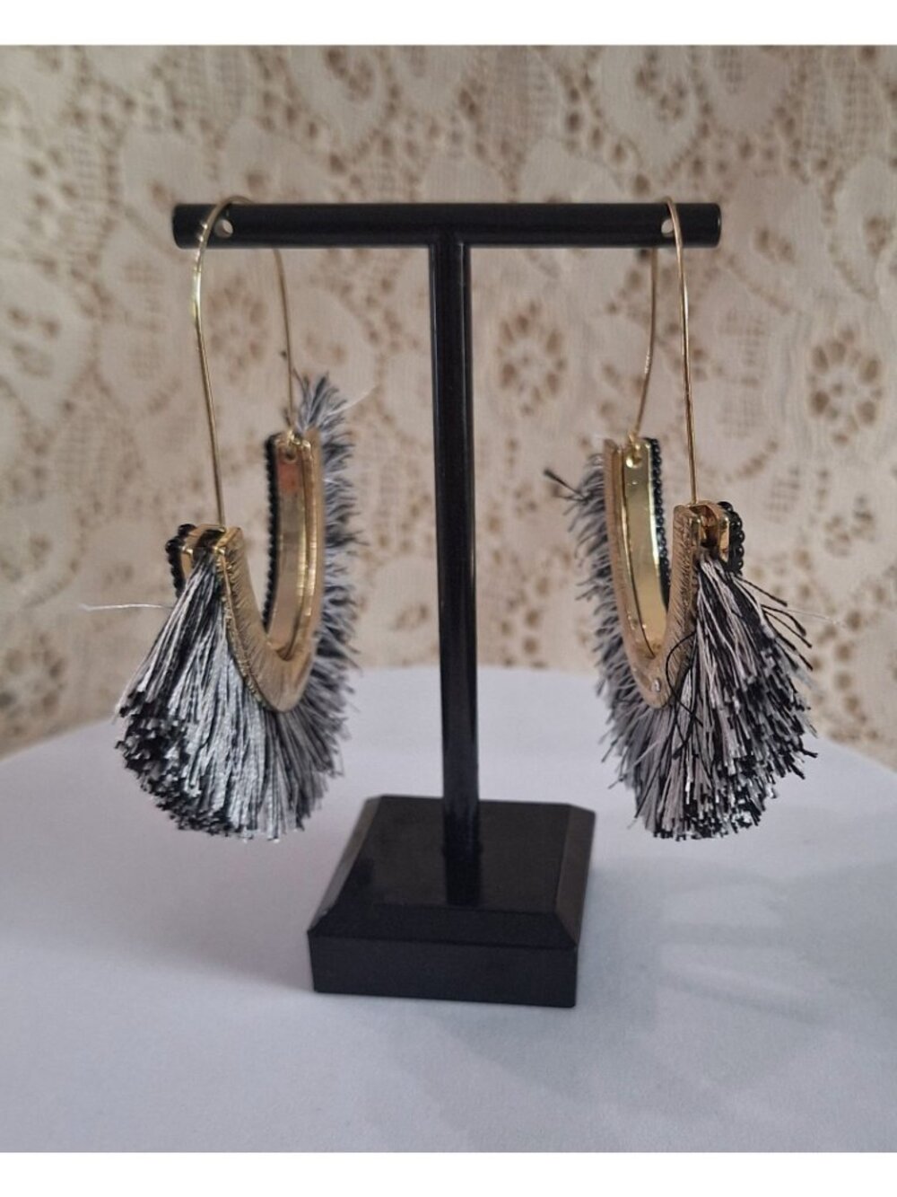 SUGARFIX by BaubleBar Black Gold Fringe Hoop Earrings – Beaded Tassel Statement - Picture 2 of 11